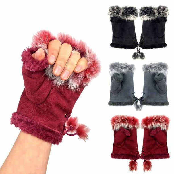 Women Ladies Winter Faux Fur Fingerless Gloves Mittens Soft Warm Fur Lined UK
